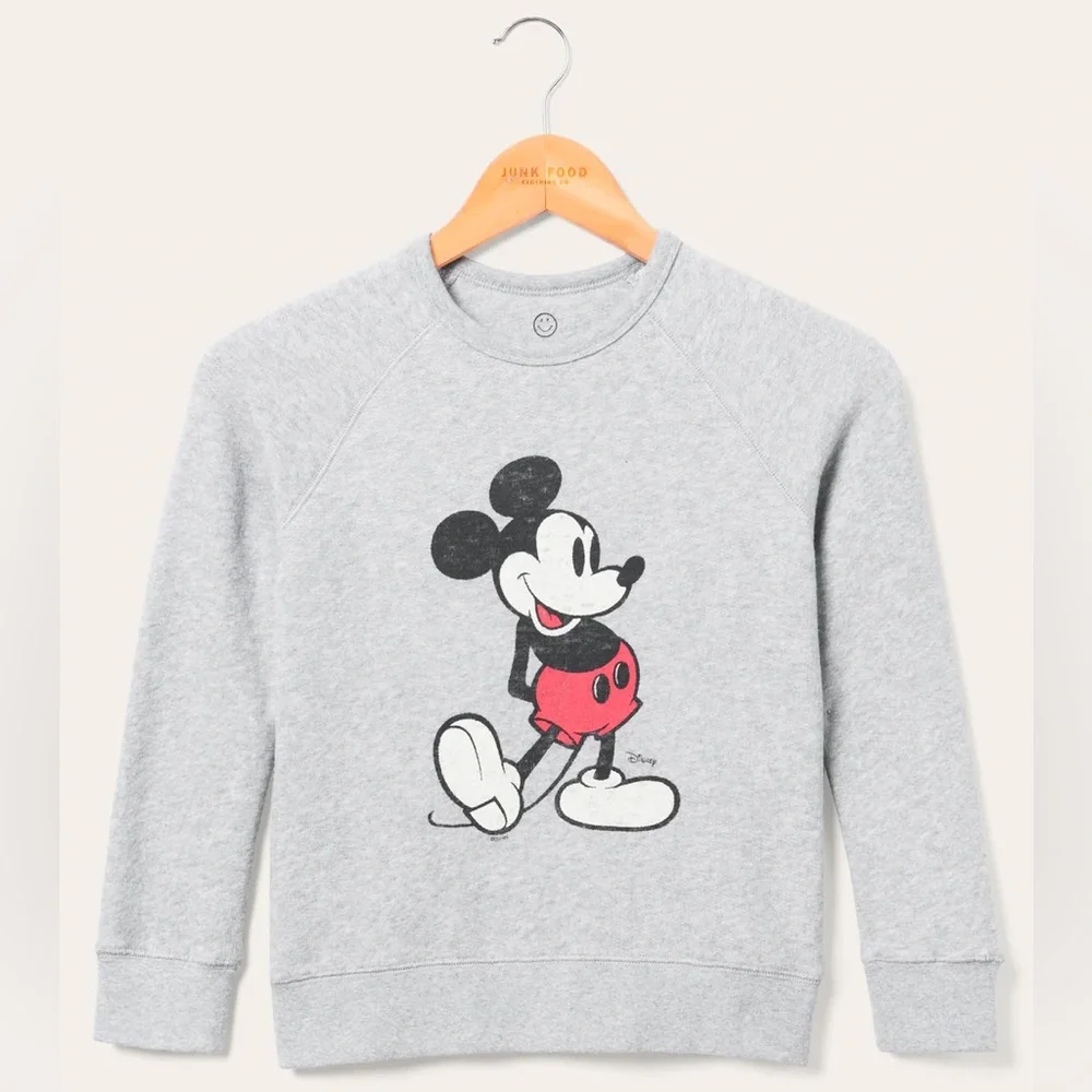 Junk Food Clothing x Disney Kids’ Mickey Raglan Fleece Heather Grey Sweatshirt—S